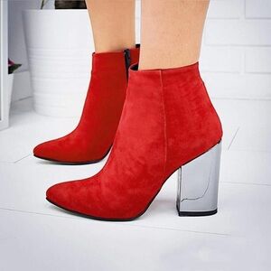 CsgrFagr High Heel Flock Solid Ankle Boots Pointed Toe Zipper Casual Wedge Heel